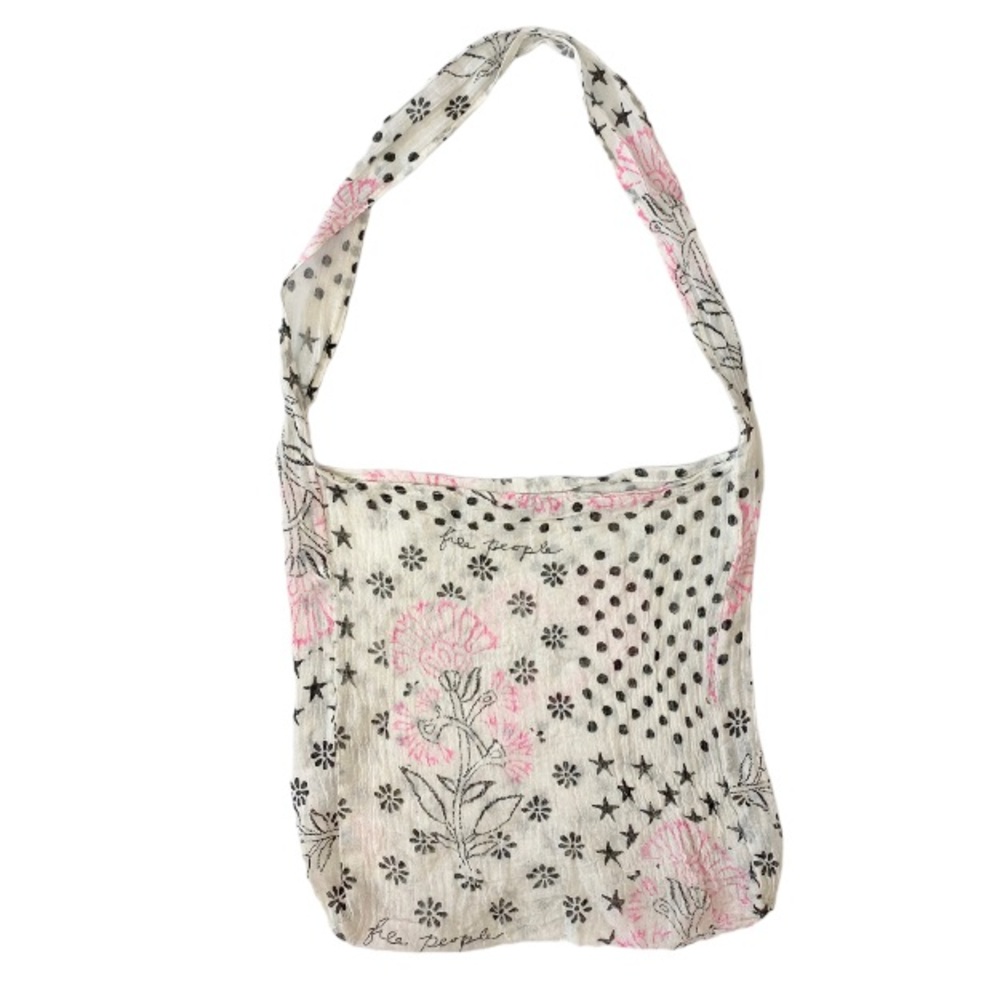 Free People Floral Gauze Mesh Cotton Reusable Hobo Style Fabric Tote Bag
